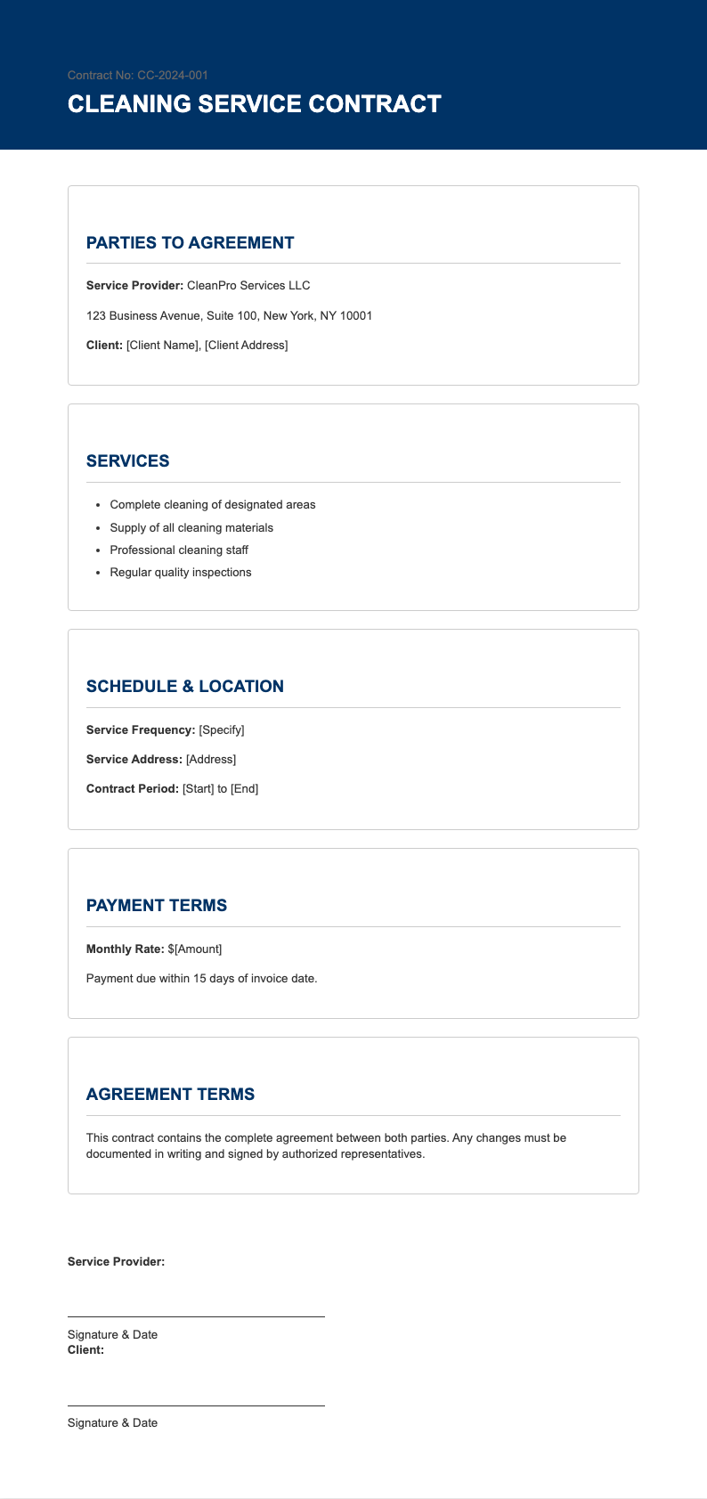 Corporate standard cleaning contract